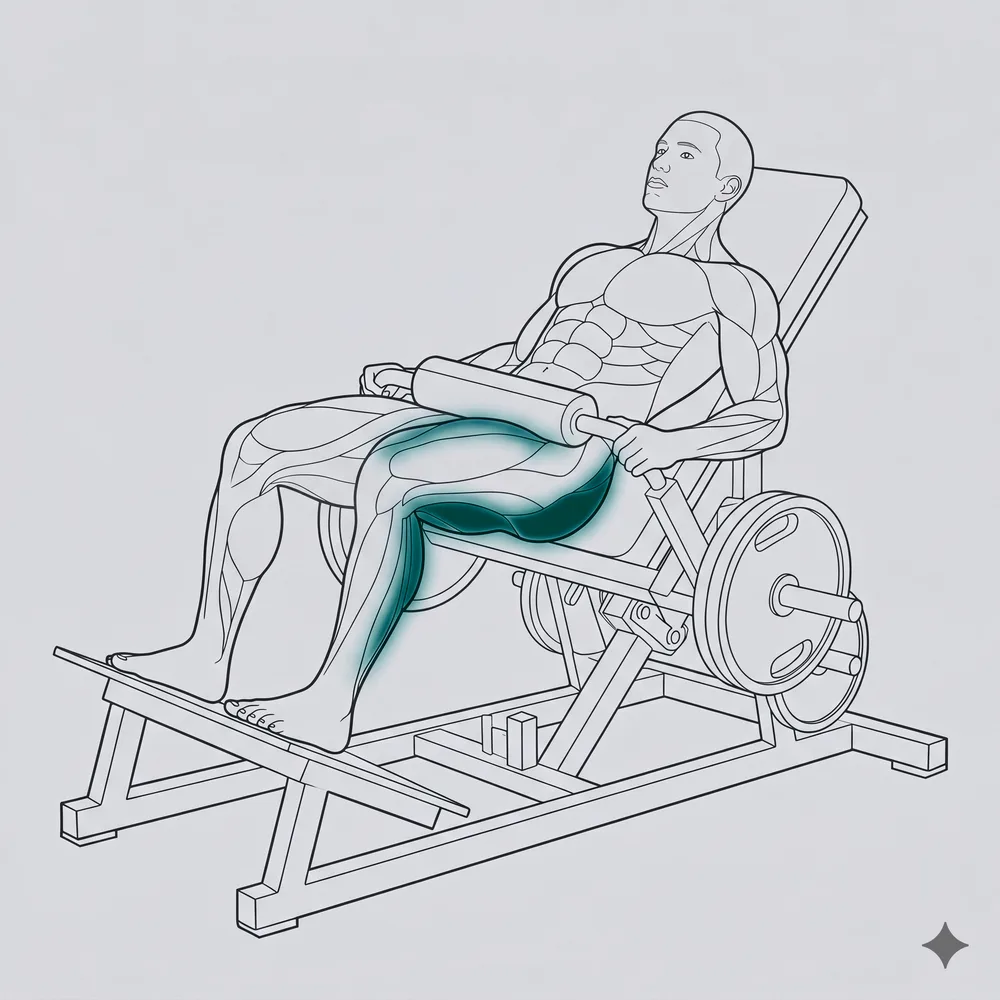 Kresba: hip thrust na stroji, hýždě zvýrazněné